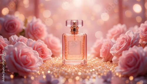 A glamorous, perfume-inspired scene unfolds with soft, glowing pink roses and sparkling golden particles, evoking romance and luxury. Bokeh lights in the background set an elegant, 