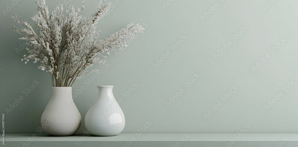 A minimalist display featuring two vases with dried flowers against a soft green background. A minimalist display featuring two vases with dried flowers against a soft green background.