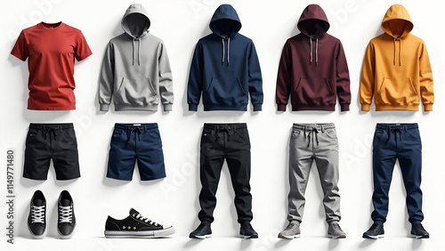 Streetwear Mockup Pack Template Bundle – Editable Vectors for Clothing Designers Collection of various clothing items including t-shirts, hoodies, jackets, pants, shorts, beanies, and caps flats