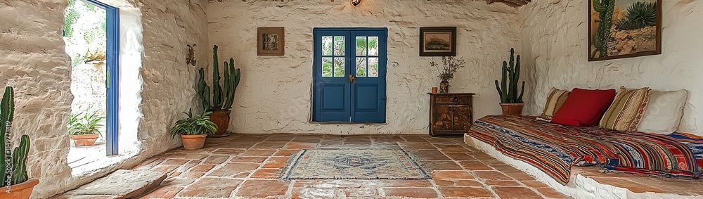 Desert-Inspired Living Space with Adobe Charm: Terracotta Floors and Cactus Planters Desert-Inspired Living Space with Adobe Charm: Terracotta Floors and Cactus Planters