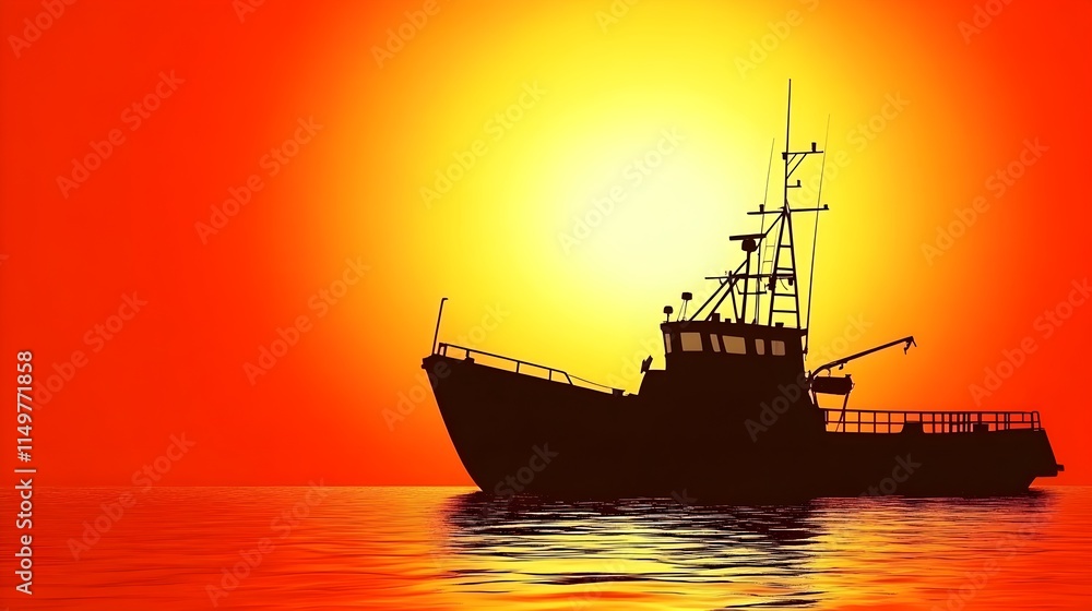 Fototapeta premium Fishing boat silhouette against vibrant sunset ocean nature photography tranquil scene
