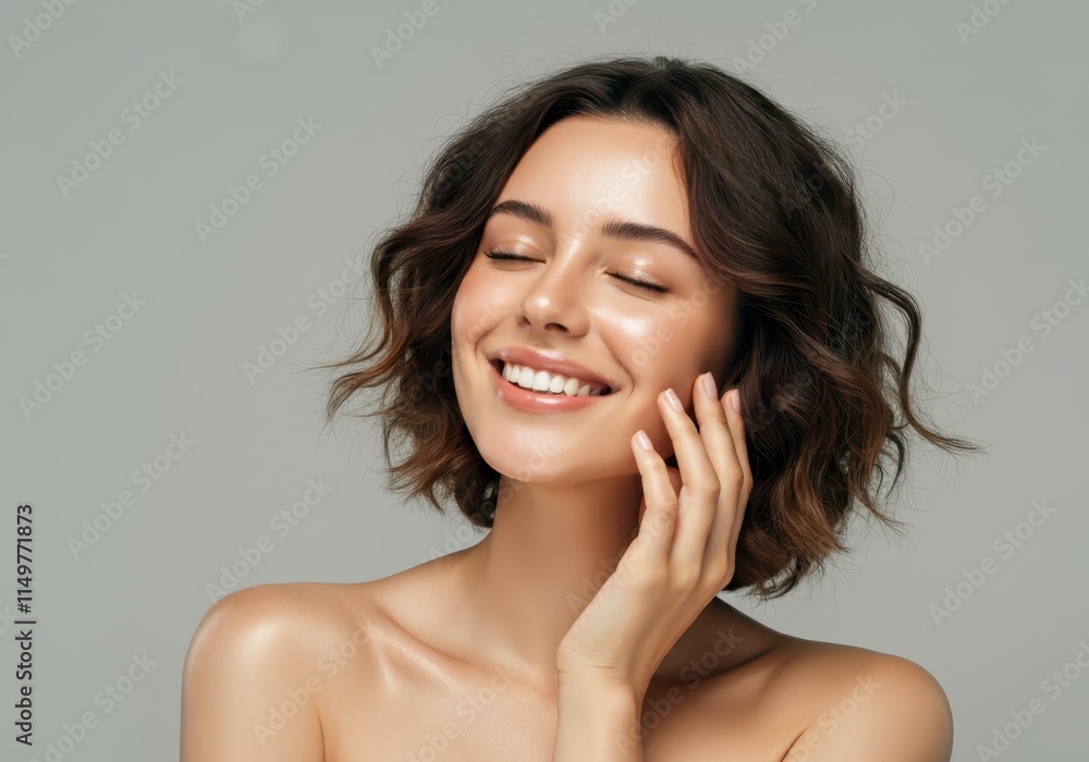 A young woman with short wavy brown hair smiles with her eyes closed gently touching her cheek A young woman with short wavy brown hair smiles with her eyes closed gently touching her cheek
