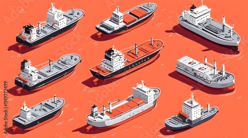 Cargo ship fleet illustration maritime industry digital art vibrant colors top-down view transportation concept