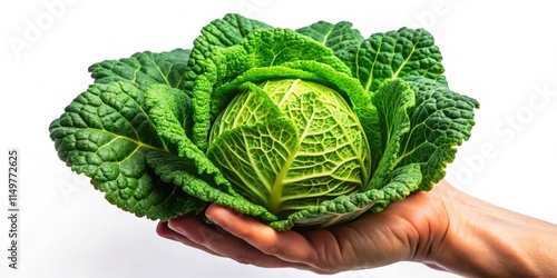 Hand Holding Fresh Cabbage, Action Shot, White Background - High-Resolution Food Photography
