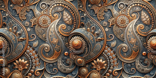 Intricate decorative patterns with ornate swirls and metallic accents.