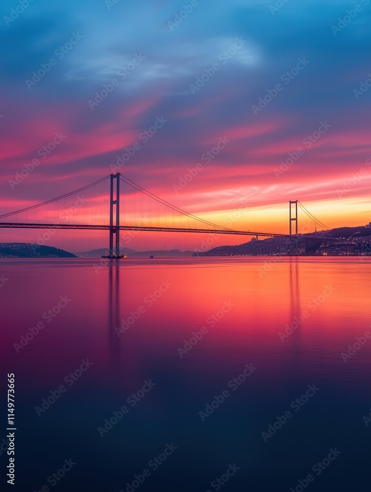 Bosphorus Strait with the Istanbul Bridge as the centerpiece. The calm waters reflect the vibrant colors of the sunset, Bosphorus Strait with the Istanbul Bridge as the centerpiece. The calm waters reflect the vibrant colors of the sunset,