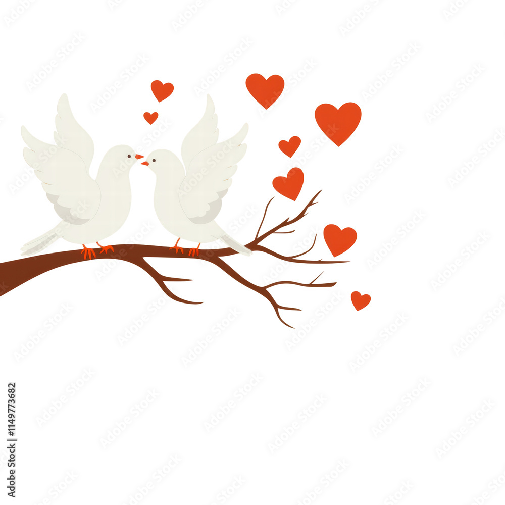 Fototapeta premium Illustration of two white doves on a branch surrounded by red hearts, symbolizing love, romance, and peace in a minimalist style.