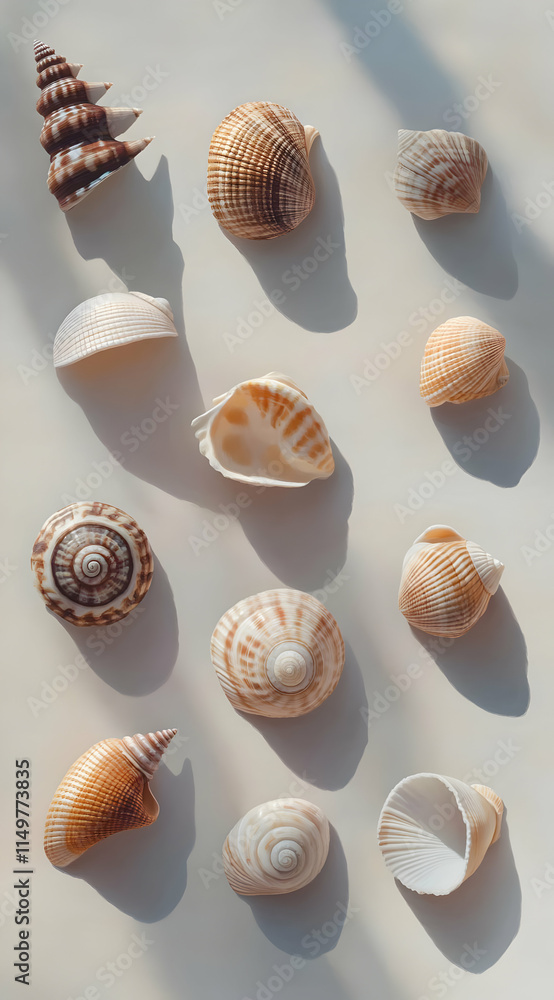 A collection of various seashells arranged artistically on a light background. A collection of various seashells arranged artistically on a light background.