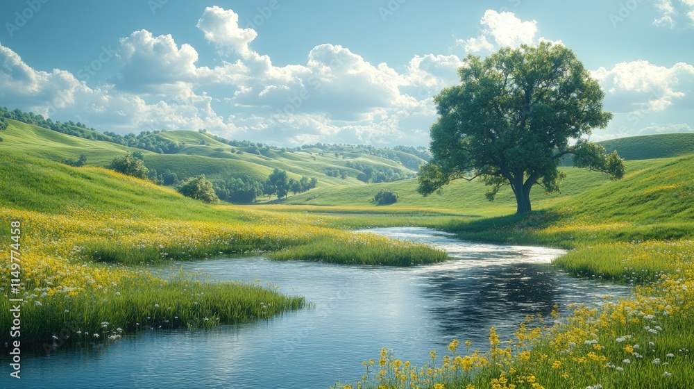 Obraz premium Serene river flows through sunny, flowered hills.