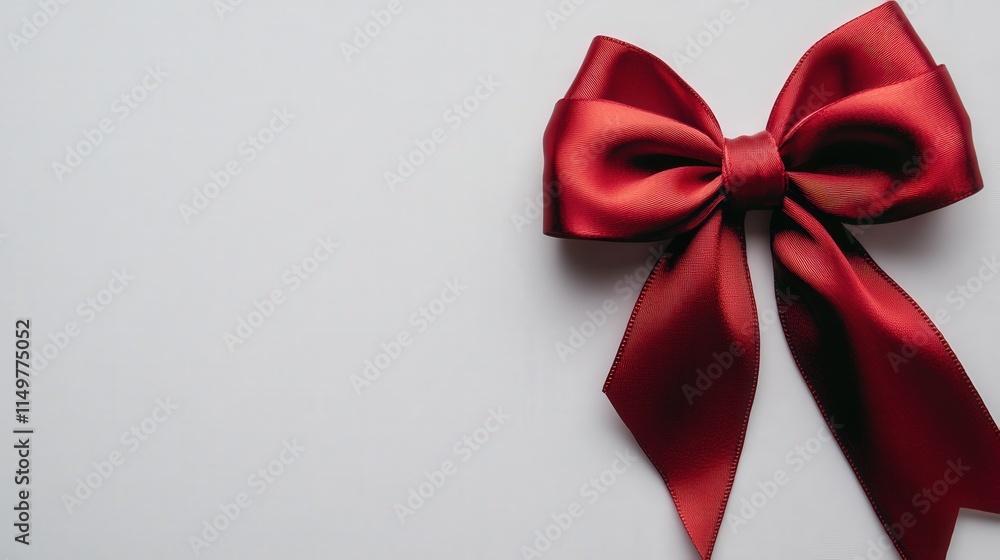 A shiny red gift bow with an elegant, textured ribbon loop lies on a white background. A shiny red gift bow with an elegant, textured ribbon loop lies on a white background.
