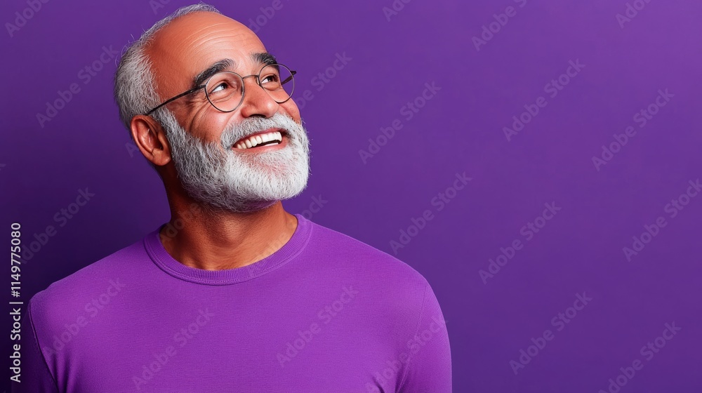 Obraz premium Man with glasses is smiling and looking up at the camera