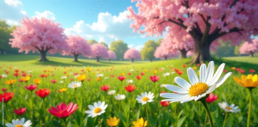 An open field filled with flovers and blooming almond trees in the background, spring flowers, daisy An open field filled with flovers and blooming almond trees in the background, spring flowers, daisy