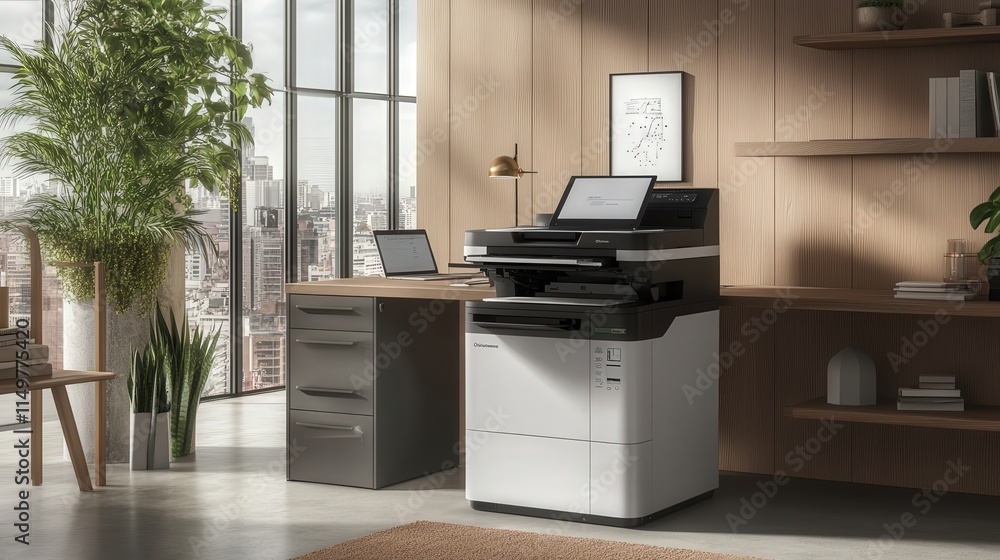 A sleek and modern photocopier in a professional office environment A sleek and modern photocopier in a professional office environment