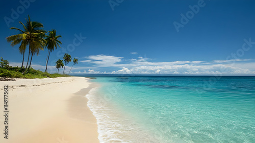 Wallpaper Mural A serene beach scene featuring palm trees, clear turquoise water, and a bright blue sky. Torontodigital.ca