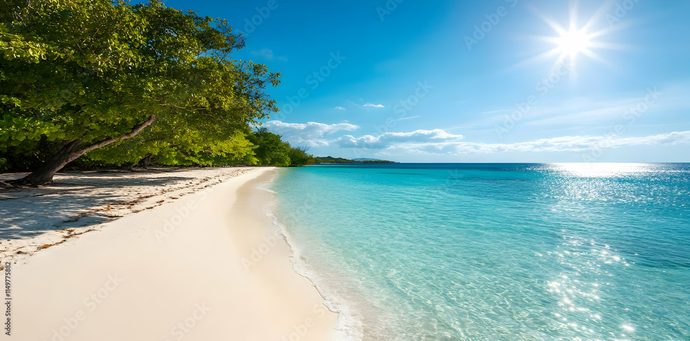 Naklejka premium A serene beach scene with clear water, soft sand, and vibrant greenery under a bright sky.