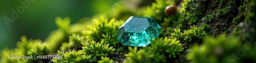 Apatite gemstone nestled among the lush green moss of a ancient tree trunk, apatite gemstone, growth, outdoor photo