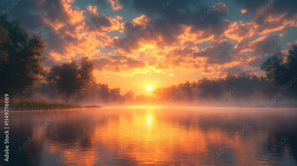 Fototapeta premium Serene sunset over misty lake, fiery sky.