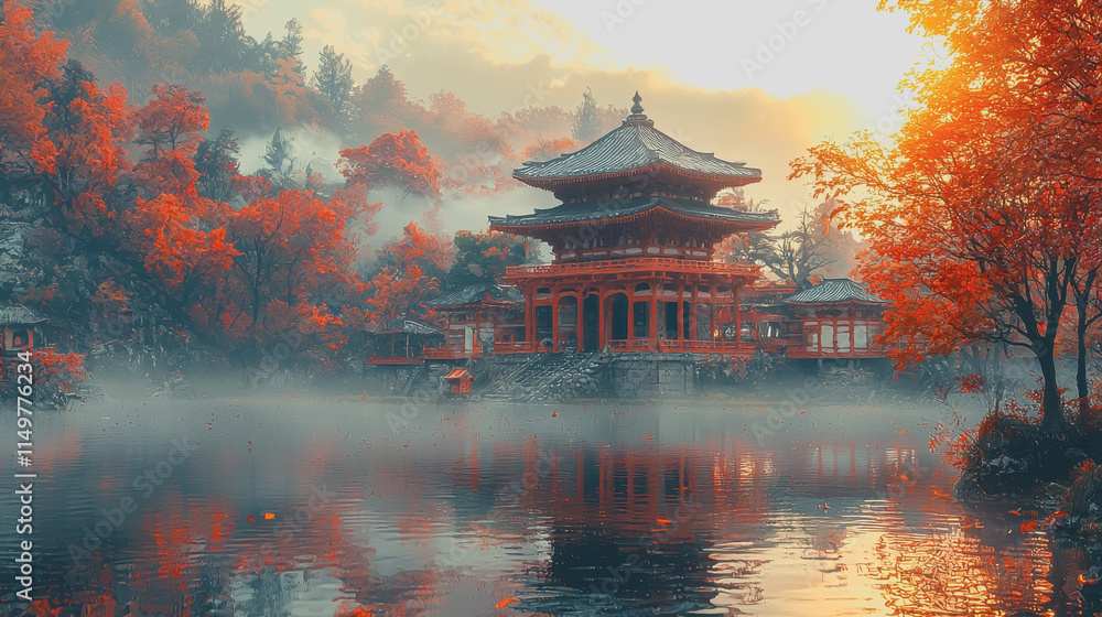 Obraz premium Artistic temple scenery featuring a serene pagoda in a tranquil lake surrounded by lush green trees showcasing beauty harmony and nature in stunning composition and lighting