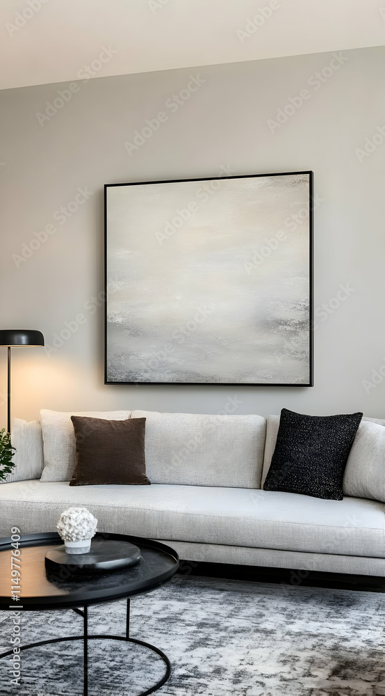 A modern living room featuring a light sofa, abstract art, and minimalist decor. A modern living room featuring a light sofa, abstract art, and minimalist decor.