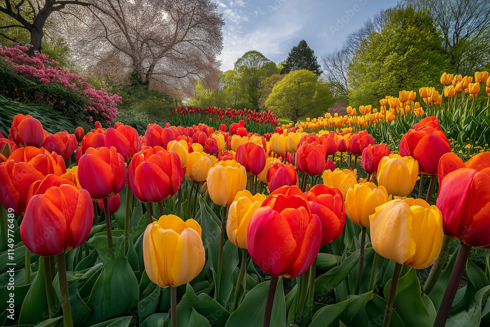 Obraz premium A colorful spring garden filled with vibrant red, orange, and yellow tulips. Lush greenery and blooming pink flowers create a picturesque floral scene under a bright blue sky