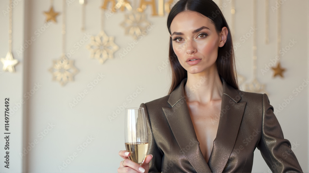Elegant woman in a sleek golden suit holding a champagne glass in a well-lit room during an upscale event Elegant woman in a sleek golden suit holding a champagne glass in a well-lit room during an upscale event