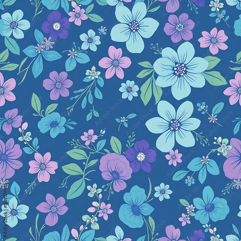 Floral Dream on Navy: A captivating seamless pattern of delicate flowers in soft blues, purples, and pinks on a rich navy background. Perfect for textile design, wallpaper, and more. Floral Dream on Navy: A captivating seamless pattern of delicate flowers in soft blues, purples, and pinks on a rich navy background. Perfect for textile design, wallpaper, and more.