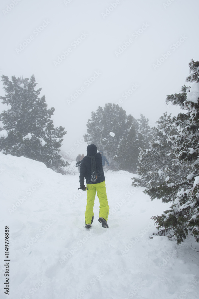 Tourist throwing snowball on snowy mountain path during winter Tourist throwing snowball on snowy mountain path during winter