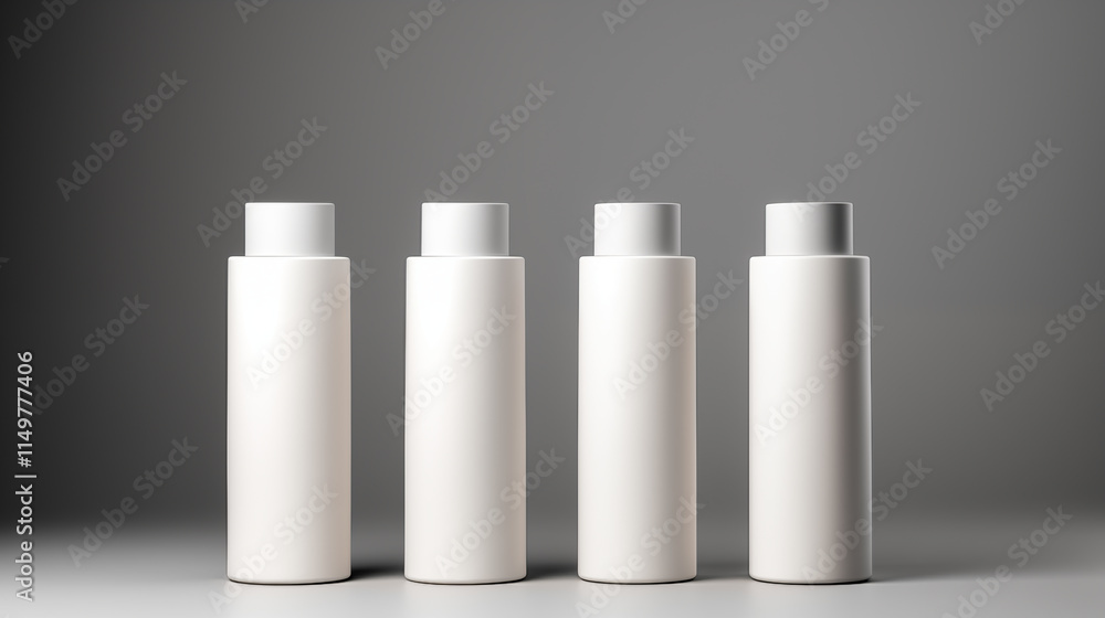 Four White Cylindrical Bottles on Gray Background Four White Cylindrical Bottles on Gray Background