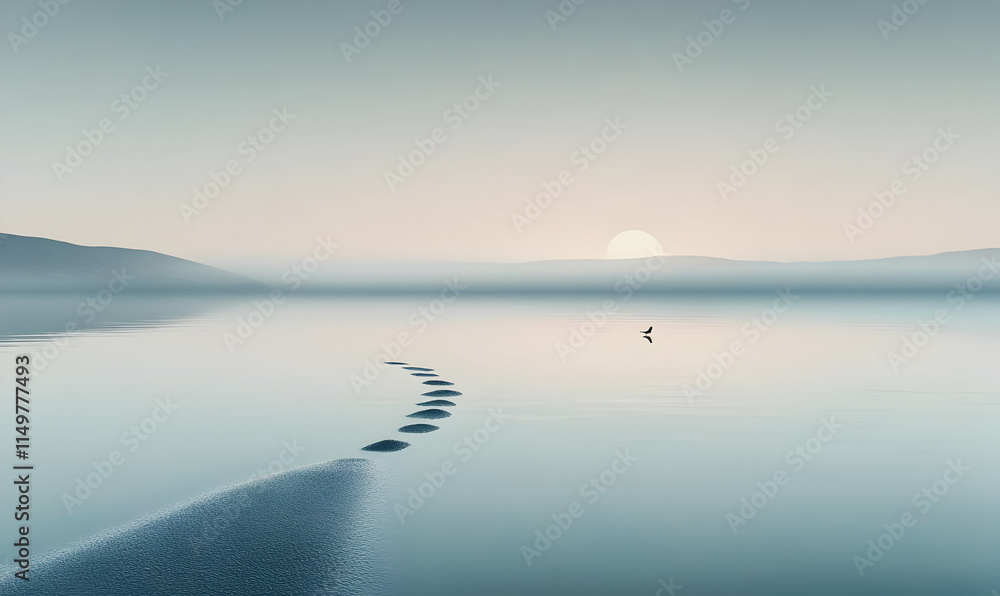 Obraz premium A serene landscape with a lone figure walking along the water at sunset.