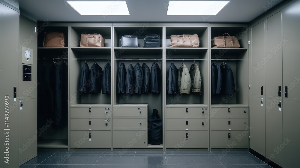 A spacious locker with several shelves, placed in a corporate office building. A spacious locker with several shelves, placed in a corporate office building.
