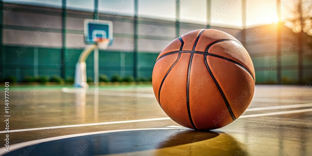 Abstract sport: a lone basketball dominates a minimalist court, showcasing clean lines in striking photography. Abstract sport: a lone basketball dominates a minimalist court, showcasing clean lines in striking photography.