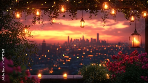 Romantic sunset cityscape, lanterns, flowers.
