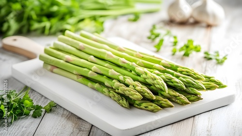 Preparing fresh asparagus and garlic culinary kitchen food photography rustic setting close-up shot healthy cooking photo