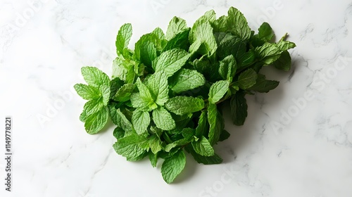 Harvesting fresh mint leaves kitchen counter culinary photography bright environment bird's eye view flavorful cooking photo