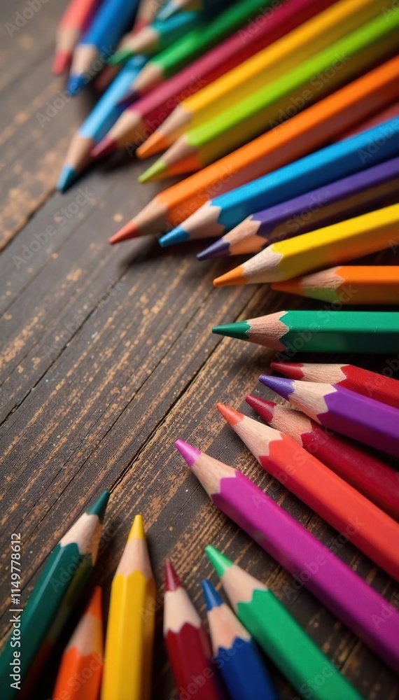 Background of vibrant multicolored pencils scattered on a wooden table, art supplies, pencil box, colorful stationery Background of vibrant multicolored pencils scattered on a wooden table, art supplies, pencil box, colorful stationery