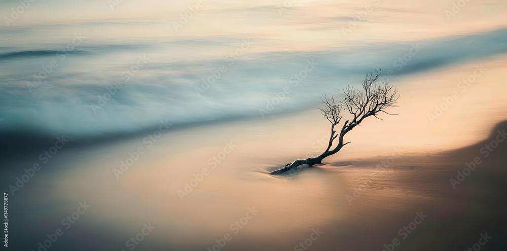 Obraz premium A serene beach scene featuring a solitary branch partially submerged in soft waves.