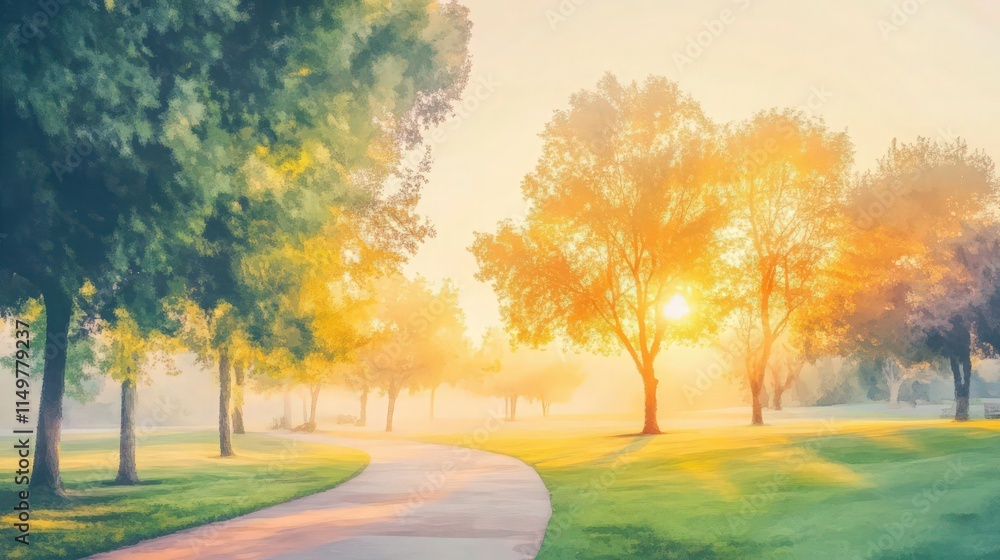 A peaceful sunrise in a park with soft pastel orange and yellow light illuminating green trees and a tranquil pathway, painted in delicate watercolor tones. A peaceful sunrise in a park with soft pastel orange and yellow light illuminating green trees and a tranquil pathway, painted in delicate watercolor tones.