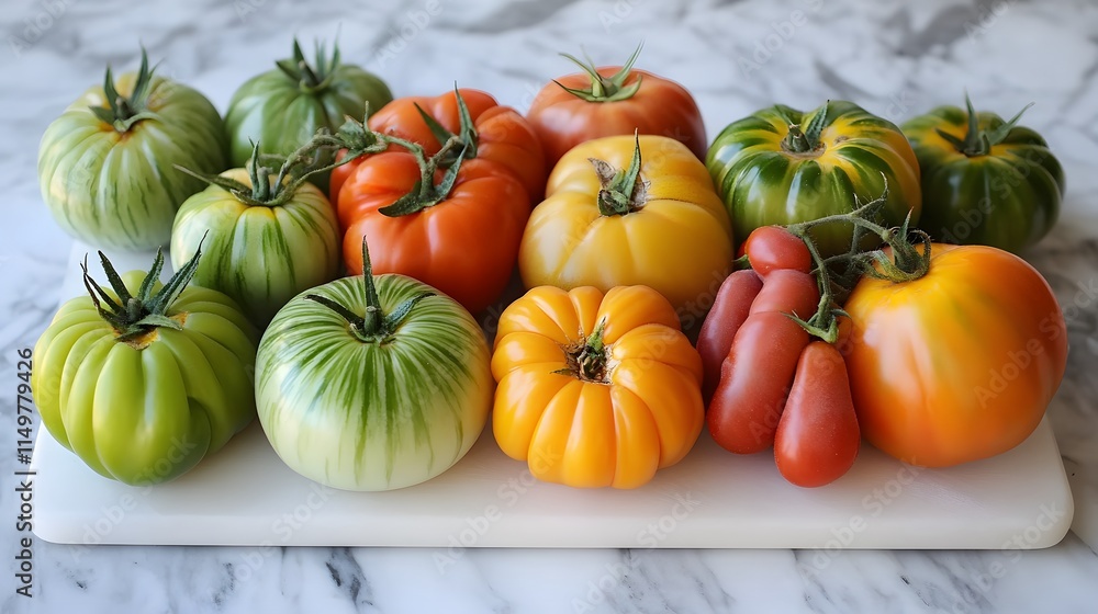 Colorful heirloom tomatoes on a marble counter fresh produce arrangement kitchen setting culinary inspiration Colorful heirloom tomatoes on a marble counter fresh produce arrangement kitchen setting culinary inspiration