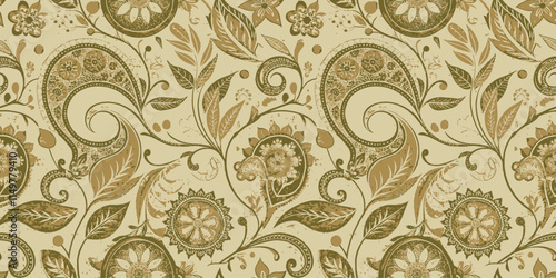 Elegant vintage floral pattern in earthy tones with intricate paisley designs.