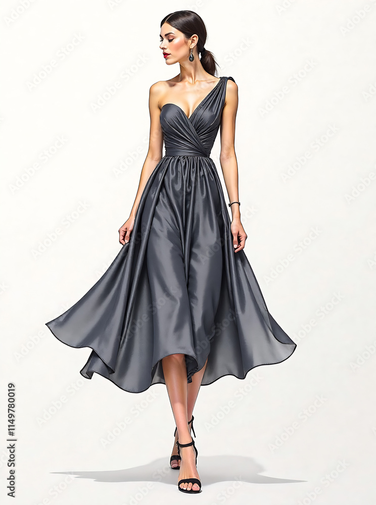 Ultra detailed, photorealistic fashion design sketch of a sophisticated midi dress Ultra detailed, photorealistic fashion design sketch of a sophisticated midi dress