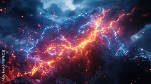 A digital artwork depicting a dramatic clash between fiery and icy lightning within a stormy sky with contrasting elements create a visually stunning intense scene.