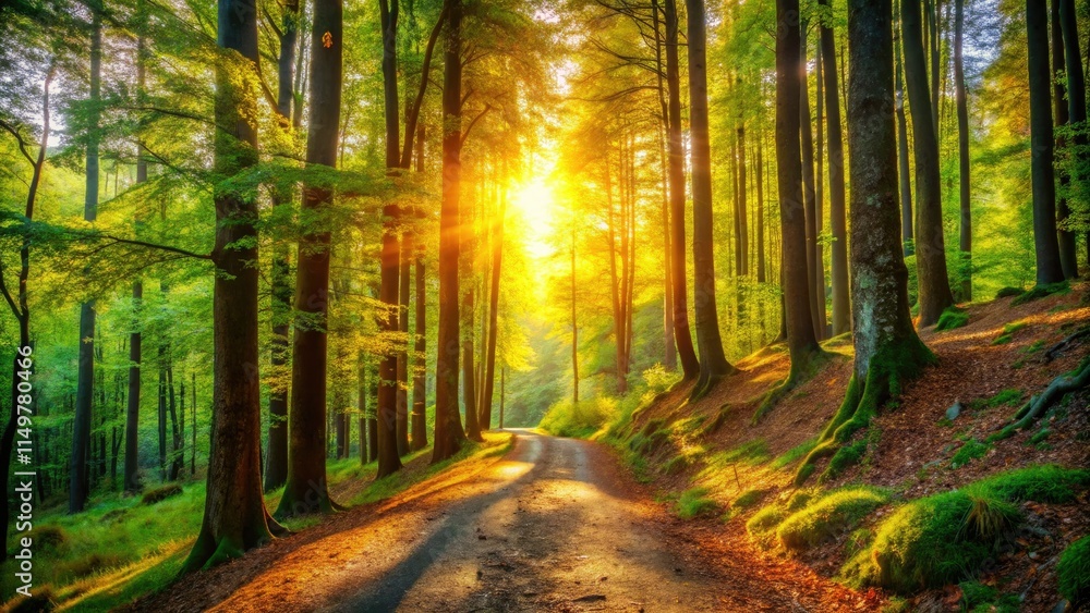 Naklejka premium A scenic downhill walk on a nature trail, sunlight filtering through autumn woods.