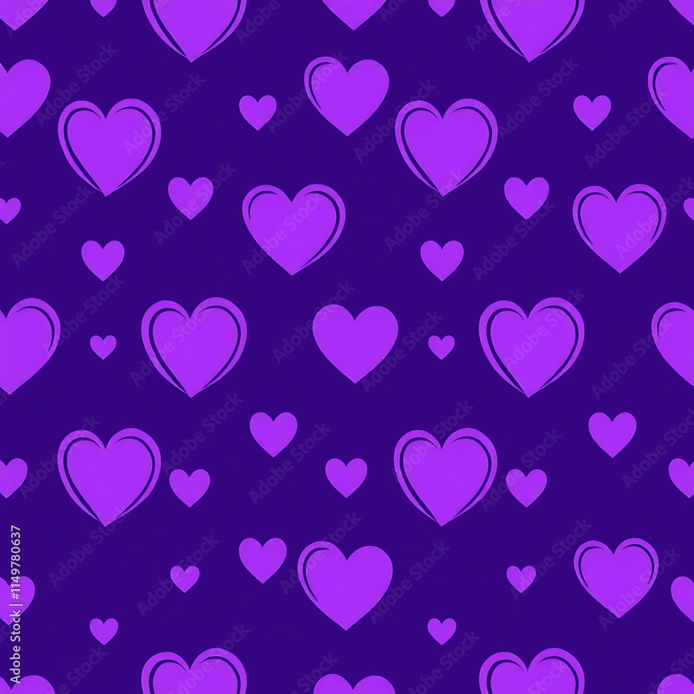 Purple Heart Seamless Pattern: A delicate and romantic design, this pattern features a repeating motif of purple hearts in various sizes, creating a harmonious and captivating visual. Purple Heart Seamless Pattern: A delicate and romantic design, this pattern features a repeating motif of purple hearts in various sizes, creating a harmonious and captivating visual.