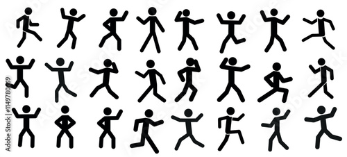 a large set of silhouettes, pictographs of human figures in different poses, people doing sports, healthy lifestyle