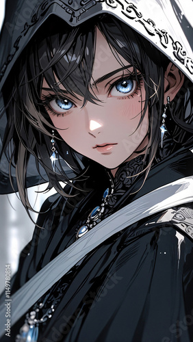 Sophisticated blue eyed girl in black hoodie with gold jewelry amidst the city lights