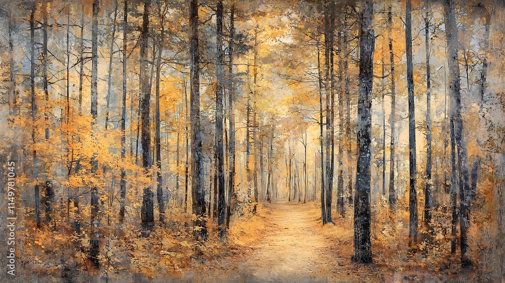 Obraz premium Enchanting Autumnal Forest Path Bathed in Warm Sunlight and Vibrant Fall Foliage
