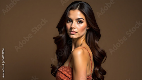 Wallpaper Mural woman aring long hair dress brown fashion style elegance beauty brunette clothing outfit trendy fashionable chic attire glamour model posing portrait stylish confident feminine Torontodigital.ca
