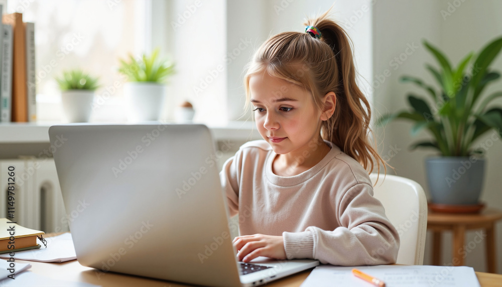 Young girl engaged in learning while using a laptop at a cozy workspace adorned with plants Young girl engaged in learning while using a laptop at a cozy workspace adorned with plants