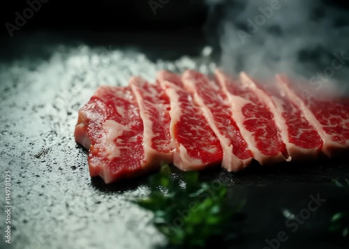 Kobe beef steak displaying rich marbled texture on a wooden cutting board, high-quality food photography, top-down view composition. photo