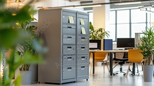 Wallpaper Mural A tall, metal filing cabinet with locking drawers, placed in a shared office space. Torontodigital.ca